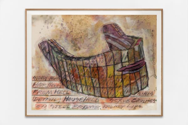 Dennis Oppenheim Estate, Study for hair pieces from Hell. Detail: Household scrub brushes on steel frame rag mop lips, 1993