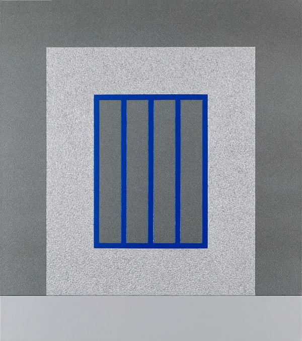 Peter Halley, Silver prison with blue bars , 2077