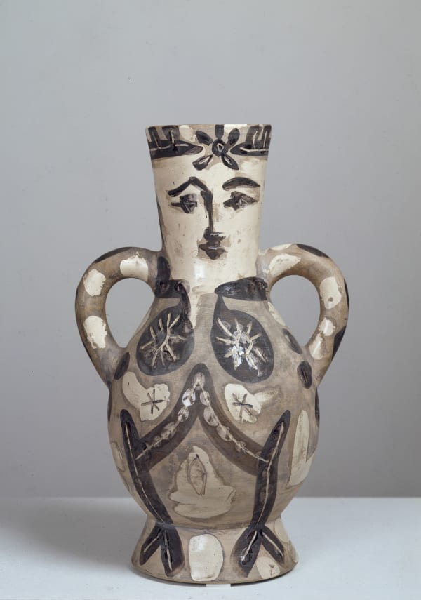 PABLO PICASSO Vase deux anses hautes (A.R. 141), 1952 white earthenware ceramic vase, partially engraved, with colored engobe and glaze height: 38,5 cm height: 15 in Edition of 400