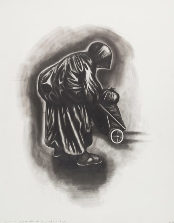 Homeless Woman Dressed in Garbage Bags