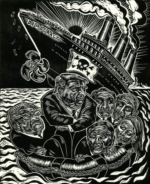 Sue Coe, Sinking Ship / Lifeboat, 2022
