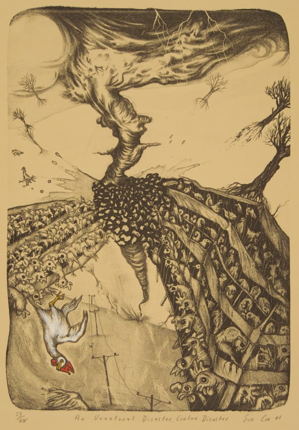 An Unnatural Disaster, Croton, Ohio, 2001 Lithograph with hand coloring on Rives BFK Tan/Gray paper 13 3/4 x 9 3/4 in (34.9 x 24.8 cm) Edition of 28 plus 2 artist's proofs Series: Animal Rights