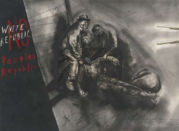 NO Peoples Republic, 1983 Graphite, charcoal, synthetic polymer paint, and cut-and-pasted printed paper on paper 26 1/2 x 34 1/2 in (67.3 x 87.6 cm) Series: Police State & How to Commit Suicide in South Africa
