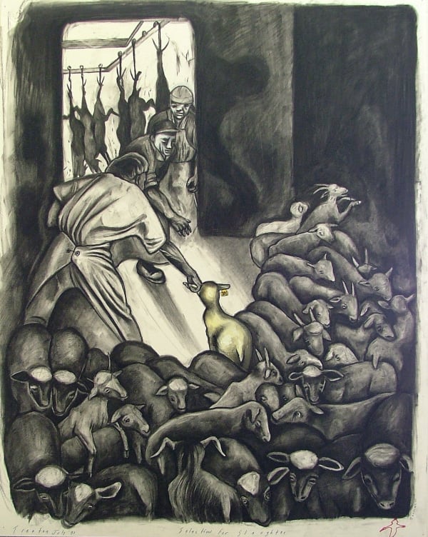 Selection for Slaughter, 1991 Graphite, gouache, and charcoal on white Strathmore Bristol board 29 x 23 in (73.6 x 58.4 cm) Series: Porkopolis