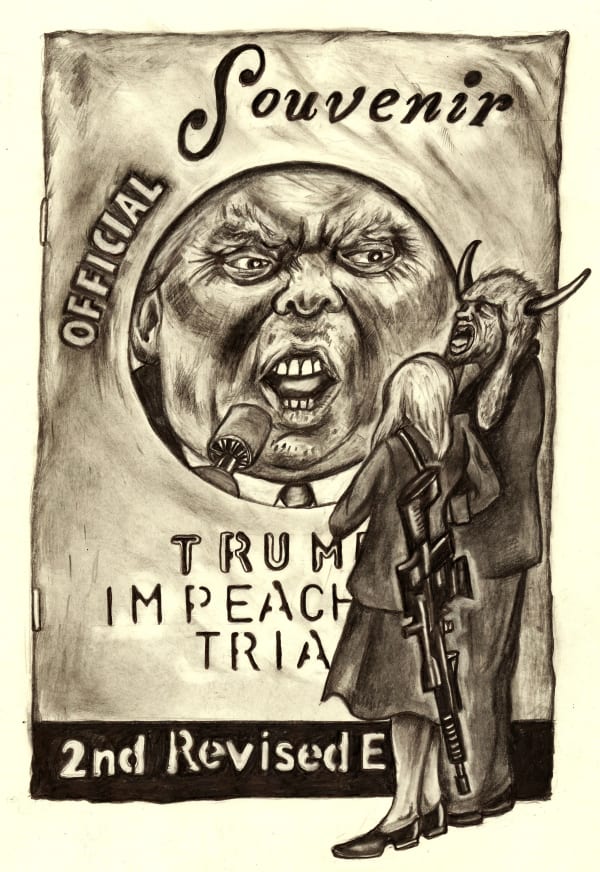 Official Souvenir Guide to the Trump Impeachment Trial, 2021 Graphite on cream wove sketchbook paper 11 3/4 x 8 in (29.8 x 20.3 cm) Series: Official Souvenir Guide to the Trump Impeachment Trial (Era of Authoritarians)