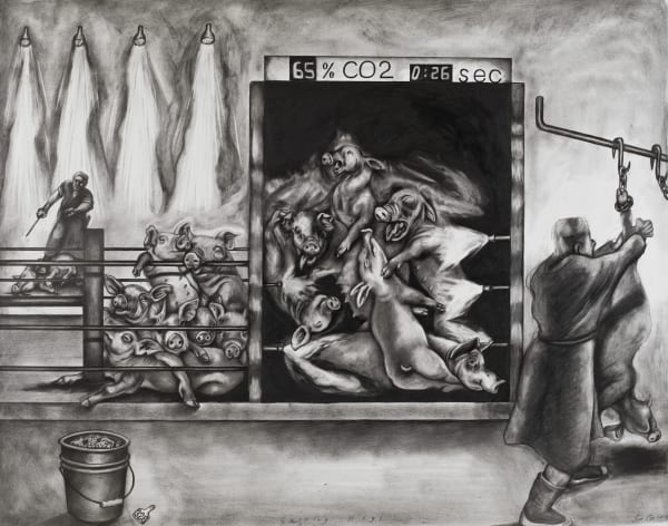 Gassing Hogs, 2010 Graphite on thin white wove paper 23 x 29 in (58.4 x 73.7 cm) Series: Cruel