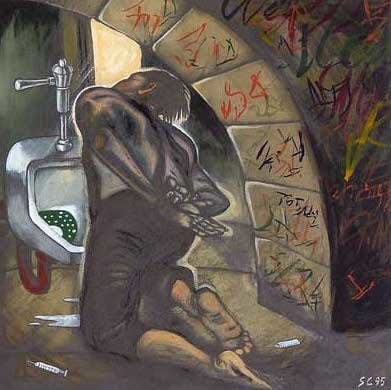 Heroin Addict Kneeling by Urinal