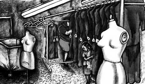 Ten-Year-Old Floor Worker Putting on Labels, 1994 Graphite, crayon, watercolor and gouache on Strathmore Bristol board 23 x 29 in (58.4 x 73.7 cm) Series: Sweatshop
