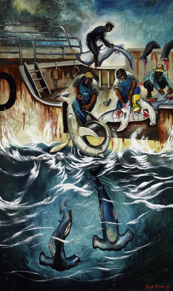 Catching Sharks (Hammer Heads) (Finning), 2011 Oil on old linen canvas 30 x 18 in (76.2 x 45.7 cm) Series: Cruel