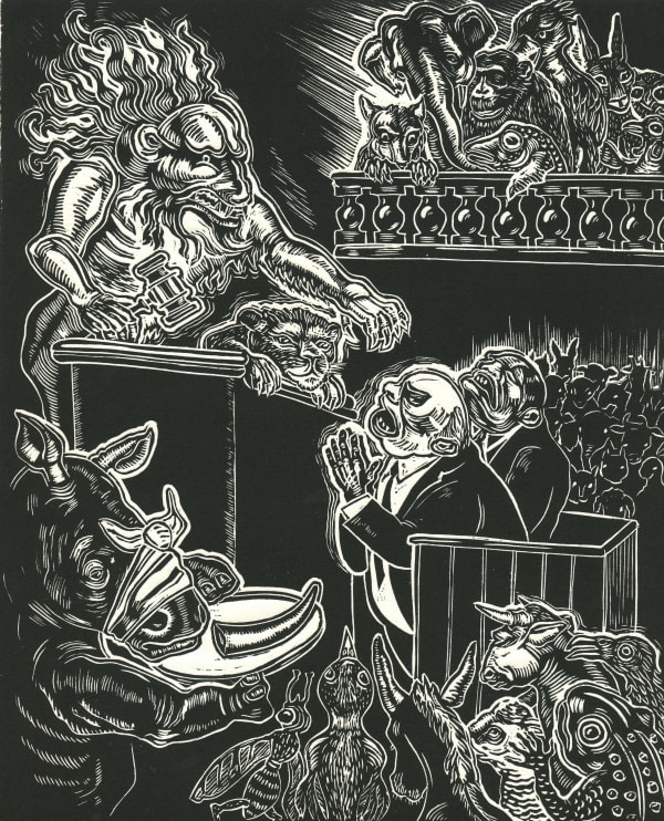 Guilty of Ecocide, 2021 Linocut on lightweight white Rives paper. Inked by hand 16 7/8 x 13 1/2 in (42.9 x 34.3 cm) Edition of 40 plus 4 AP Series: Ecocide