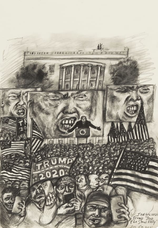 Trump's Stop the Steal Rally, January 6, 2021, 2021 Graphite on cream wove sketchbook paper 11 3/4 x 8 1/4 in (29.8 x 21 cm) Series: Official Souvenir Guide to the Trump Impeachment Trial (Era of Authoritarians)