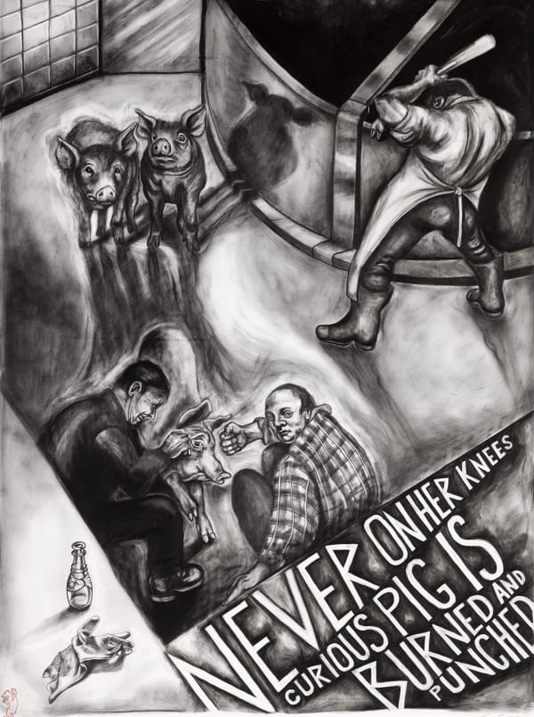 Never on Her Knees, Curious Pig is Burned and Punched, 2012 Graphite on heavy white Strathmore Bristol board 40 x 30 in (101.6 x 76.2 cm) Series: Cruel