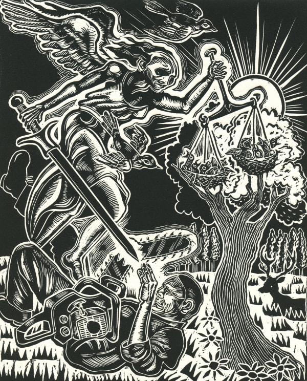 Justice, 2021 Linocut on lightweight white Rives paper 10 3/8 x 8 1/2 in (26.4 x 21.6 cm) Edition of 100 plus 5 AP Series: Ecocide