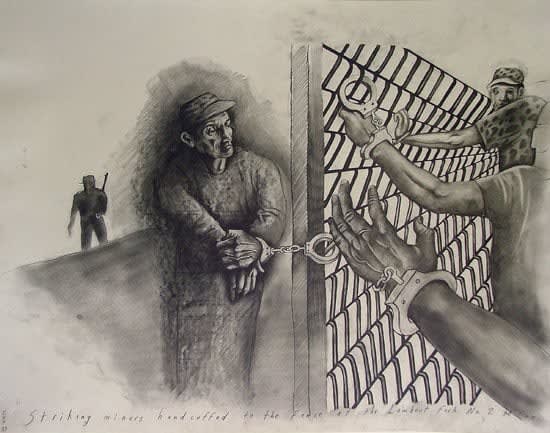 Striking Miners Handcuffed to the Fence