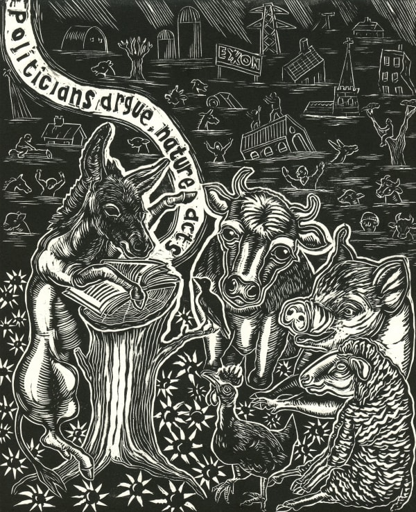 Politicians Argue, 2022 Linocut on lightweight white Rives paper 10 1/4 x 8 1/2 in (26 x 21.6 cm) Edition of 100 plus 5 AP Series: Ecocide