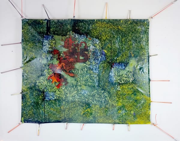 Fabian Marcaccio Paintant Compound Diffuse - Brutal, 1998 water and oil based paint , silicone gel and polyoptics on canvas , plastic mesh , copper Tubes and nylon ropes 124.46 x 132.08 x 16.51 cm 49 x 52 x 6 1/2 ins