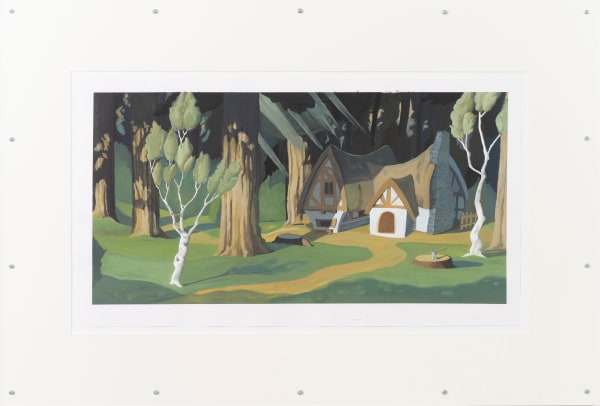 Julian Irlinger Cel Animation Background (cottage, axe, forest, fir, daylight), 2024 Gouache and ink on paper, artist frame Paper size: 44 x 77.8 cm | 17 3/8 x 30 5/8 in Framed dimensions: 72 x 106 x 1.7 cm | 28 3/8 x 41 3/4 x 5/8 in