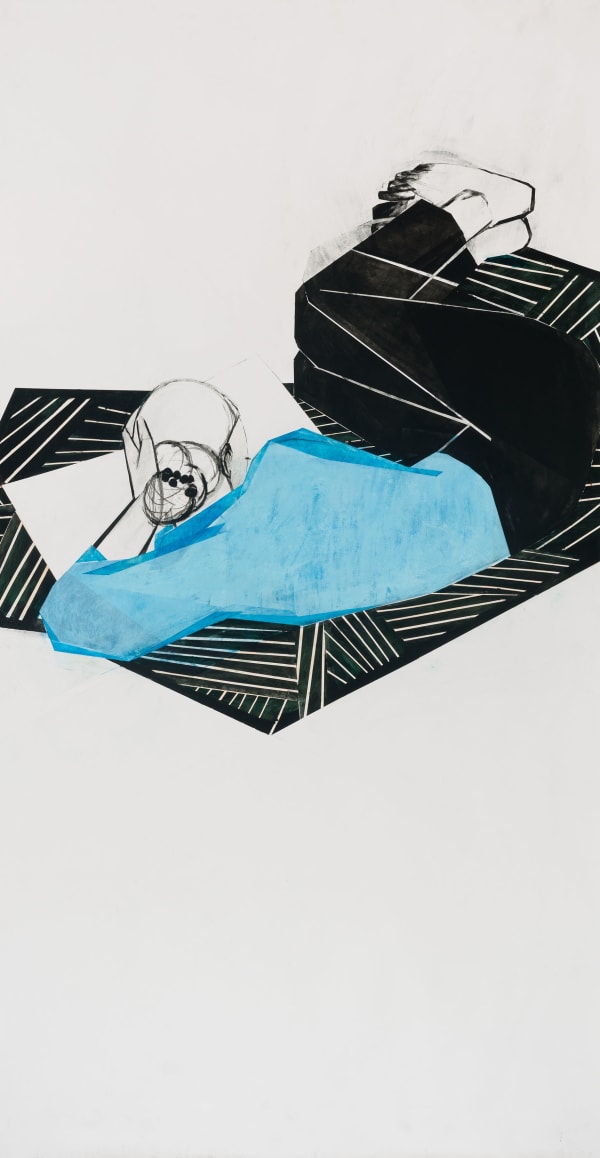 Iris Schomaker Untitled, (blue shirt), 2023 watercolour and oil on paper 235.7 x 122.8 cm 92 3/4 x 48 3/8 in framed dimensions 239 x 126 cm 94 1/8 x 49 5/8 in