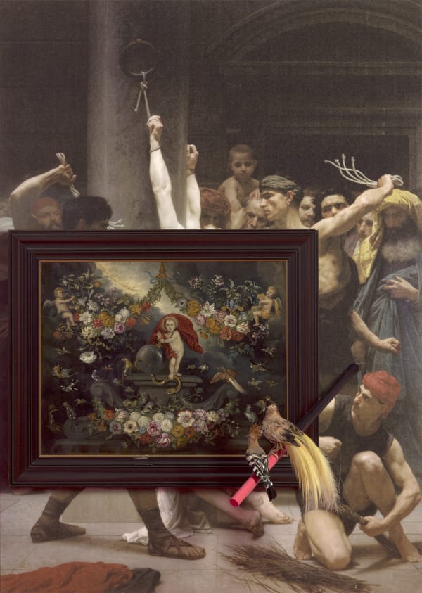 Michael Müller Extended artist list, 17. Jh./ 2014 digital print on paper , oil on copper , steel , wood , Hoopoe , reconstructed dead Paradise bird 205 x 145 x 55 cm 80 11/16 x 57 1/16 x 21 10/16 ins