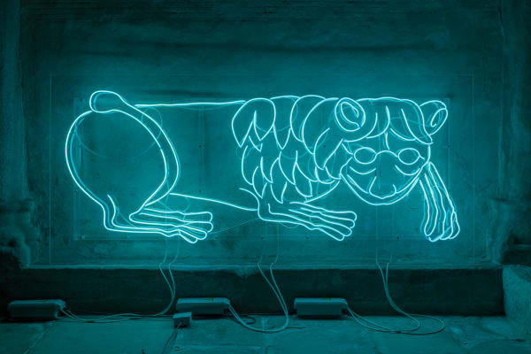 Bethan Huws Lion, 2021 neon tubes, mounted on plexiglass, transformers 97 x 115 x 1.2 cm 38 1/4 x 45 1/4 x 1/2 in