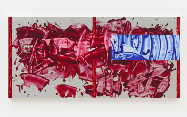 David Reed #775, 2018-2023 Acrylic and alkyd on polyester, wood aluminum stretcher 77 x 163 x 4 cm 30 1/4 x 64 1/8 x 1 5/8 in
