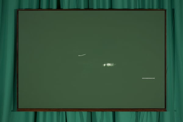 Michael Müller 3 schöne Fehler (Leere & Lehre), 2013 white acrylic lacquer , green chalkboard paint and green curtain 123 x 184.5 x 9 cm 48 6/16 x 72 10/16 x 3 8/16 ins