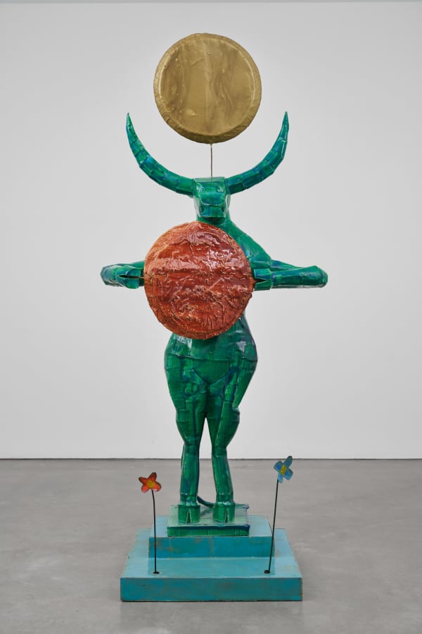 Bertram Jesdinsky Mondkalb mit Reibekuchen, 1989 epoxy resin on cardboard, iron 260 x 115 x 80 cm 102 3/8 x 45 1/4 x 31 1/2 in