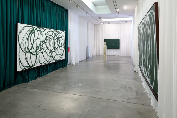 Michael Müller Große Korrektur (Leere & Lehre), 2013 white acrylic lacquer , green chalkboard paint on canvas and white curtain 185 x 364.5 x 9 cm 72 13/16 x 143 8/16 x 3 8/16 ins