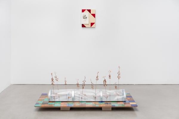 José Montealegre Página 0352, 2022 Wood, copper, glass tiles, tin sheets, plastic foil 63 x 162 x 80 cm 24 3/4 x 63 3/4 x 31 1/2 in