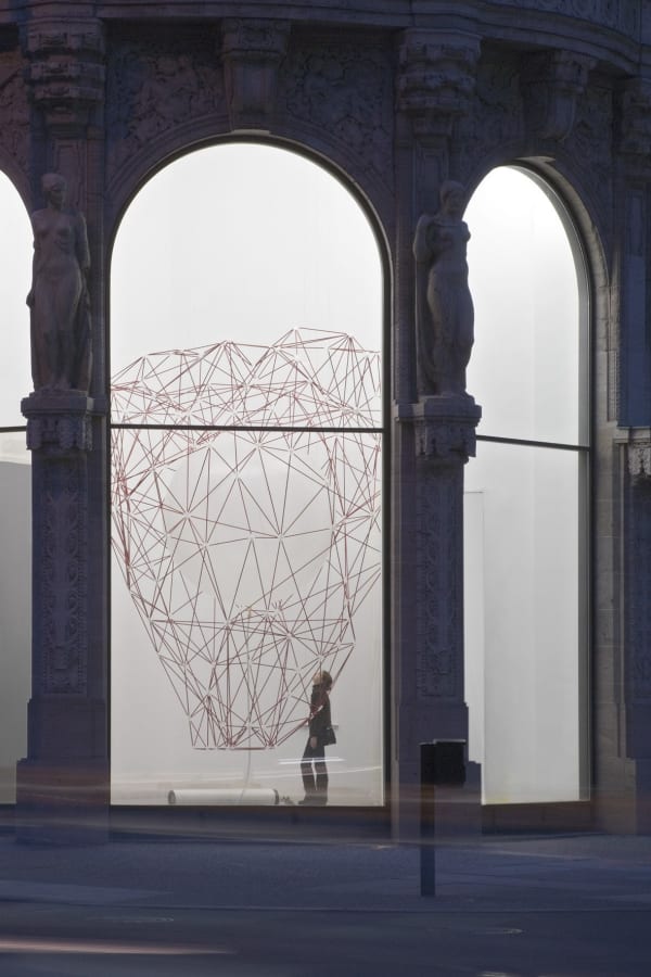 Iñigo Manglano-Ovalle Red Berg (r11iO1), 2006 aluminum tubes anodized red , white ABS rapid prototyped joints , latex weather balloon , tank of compressed air , 3 metal suspension cables 520 x 420 x 300 cm 204 11/16 x 165 5/16 x 118 1/16 ins