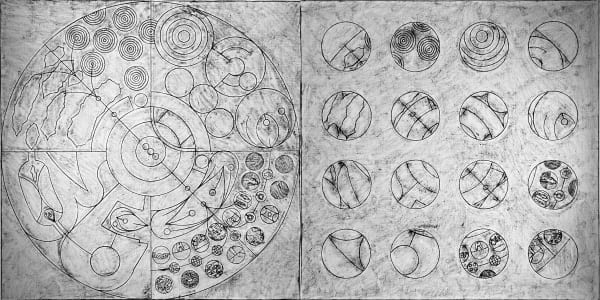 Matt Mullican Untitled (Cosmology and details, b&w), 2024 oilstick on canvas, rubbing 2-parts, each 200 x 200 cm / 78 3/4 x 78 3/4 in overall 200 x 400 cm / 78 3/4 x 157 1/2 in
