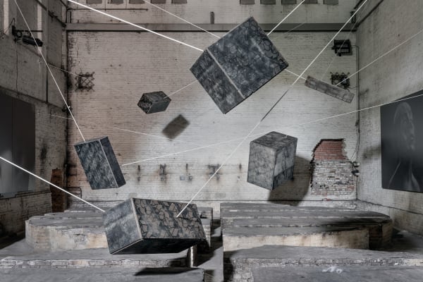 Franka Hörnschemeyer Phase of Matter, 2023 Formwork panel, roof batten, anchor rope Dimensions variable Cube 1: 75 x 75 x 82 cm | 29.5 x 29.5 x 32.3 in Cube 2: 50 x 50 x 125 cm | 19.7 x 19.7 x 49.2 in Cube 3: 25 x 25 x 125 cm | 9.8 x 9.8 x 49.2 in Cube 4: 125 x 125 x 25 cm | 49.2 x 49.2 x 9.8 in Cube 5: 50 x 50 x 100 cm | 19.7 x 19.7 x 39.4 in Cube 6: 150 x 150 x 100 cm | 59 x 59 x 39.4 in