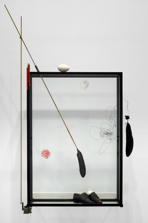 Rebecca Horn Raven´s Choice, 2009-2014 Glass, steel, feathers, shoes, plasticine, goose eggs, wire, paint, pencils, motor, rods 162.5 × 101 x 31.5 cm 64 × 39 ¾ × 12 ½ in