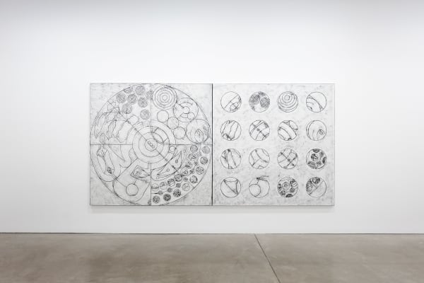 Matt Mullican Untitled (Cosmology and details, b&w), 2024 oilstick on canvas, rubbing 2-parts, each 200 x 200 cm / 78 3/4 x 78 3/4 in overall 200 x 400 cm / 78 3/4 x 157 1/2 in