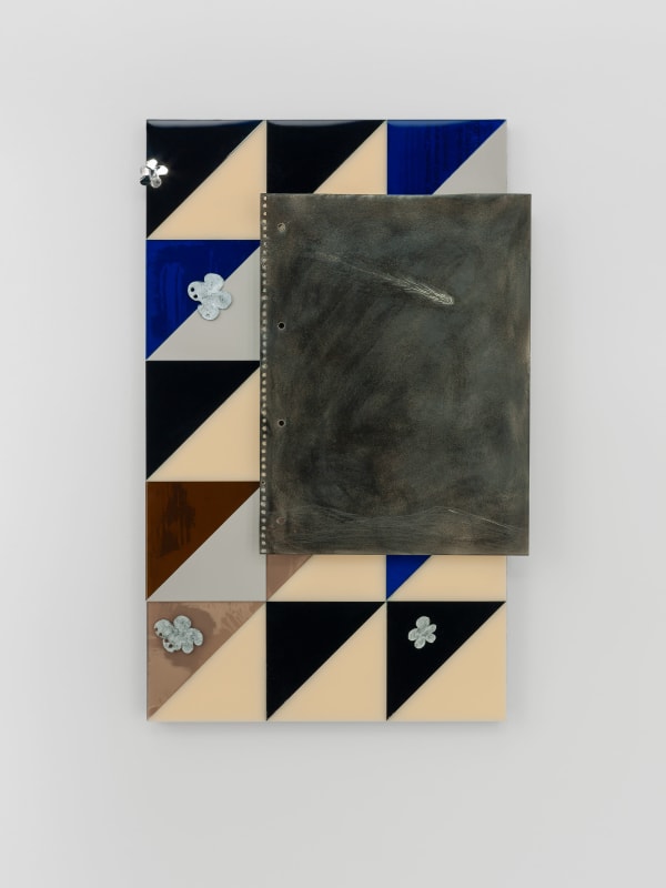José Montealegre Meteor shower 4, 2024 Plexi glass tiles, metal notebook, charcoal, pencil, metal flowers 50 x 32 cm 19 3/4 x 12 5/8 in
