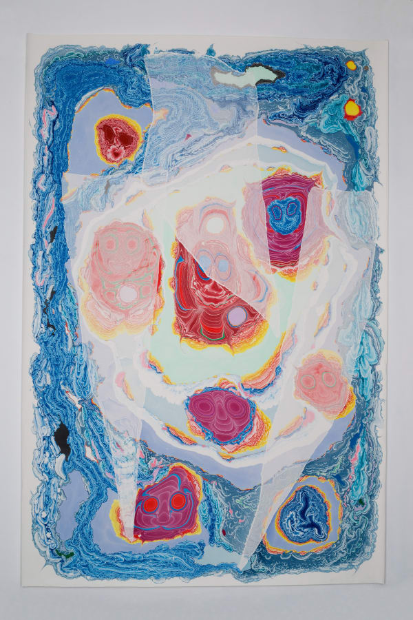 Kerstin Brätsch Unstable Talismanic Rendering [Poliʻahu's Cure] with gratitude to master marbler Dirk Lange, 2016 ink and solvent on paper, neon tubing 275.3 x 182.9 cm 108 3/8 x 72 in