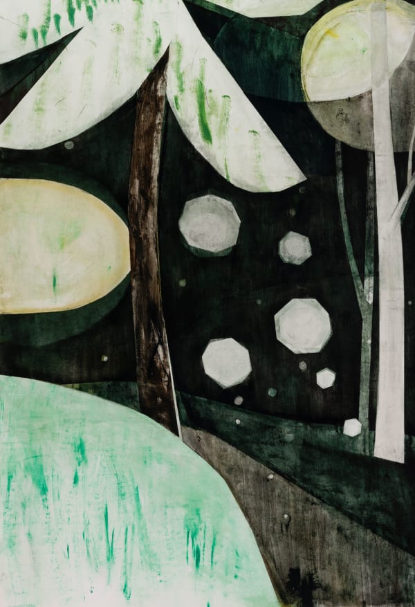 Iris Schomaker Nightforest, 2025 watercolor and oil on paper paper size 121 x 83 cm / 47 5/8 x 32 5/8 in framed size 130.6 x 92.6 x 5 cm / 51 3/8 x 36 1/2 x 2 in