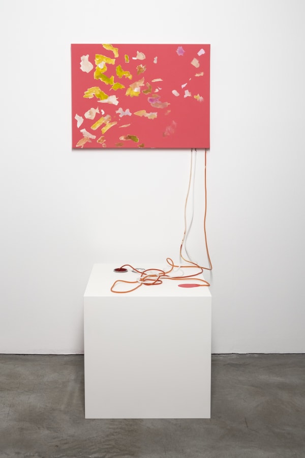 Michael Müller fifty / fifty (how to make a painting), 2013 acrylic lacquer and oil , shell , flower , lace doily , SCHH , can , pedestal 187 x 66 x 86 cm 73 9/16 x 25 15/16 x 33 13/16 ins Plinth: 60 x 60 x 60 cm