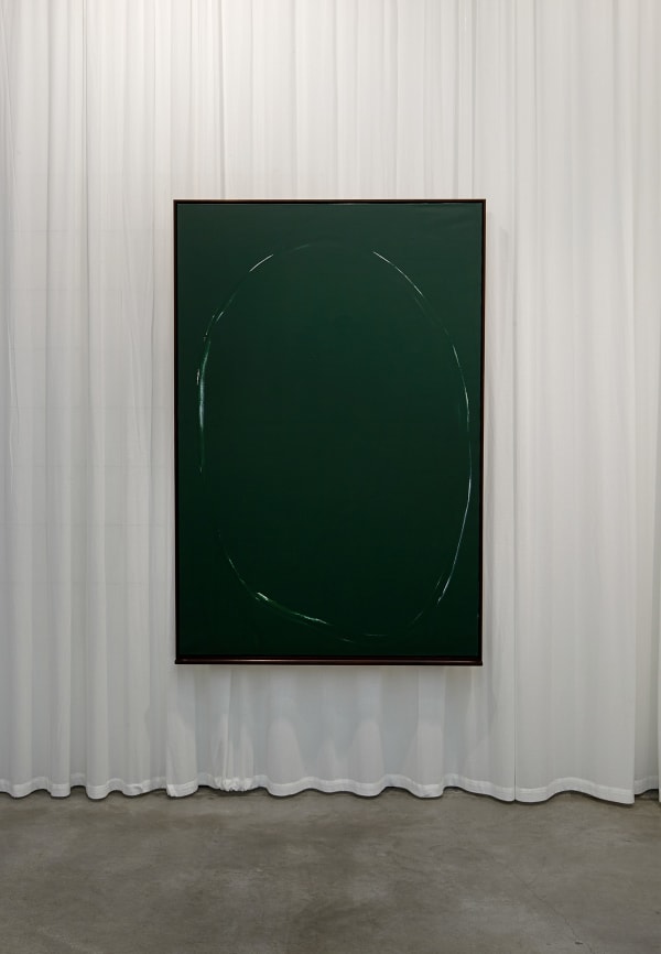 Michael Müller Üben (Leere & Lehre), 2013 white acrylic lacquer , green chalkboard paint and green curtain 184.5 x 123 x 9 cm 72 10/16 x 48 6/16 x 3 8/16 ins