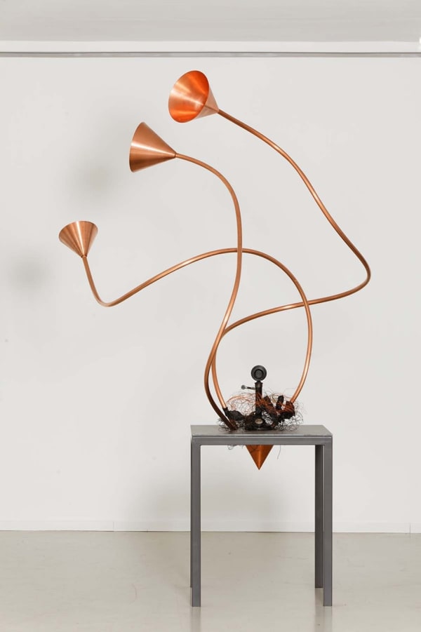 Rebecca Horn I Vitelloni, 2019 Copper tubes, copper funnels, steel, sound, old style telephone, wire, black metal components, electronics 247 x 155 x 116 cm 97 1/4 x 61 x 45 2/3 in