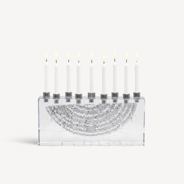 ljusstake, massivt glas, vit, 9 st ljus, silver