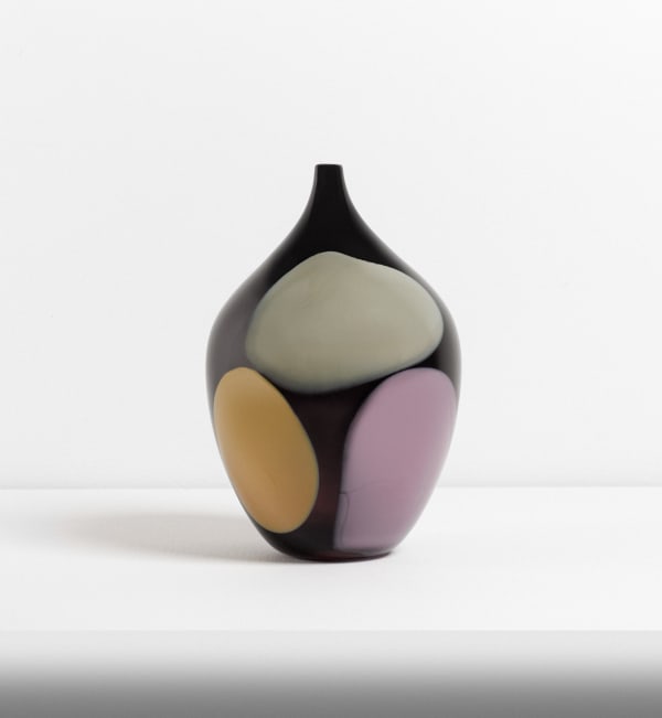 Glasverk, oval, liten hals, färgprickar, grå, lila, svart