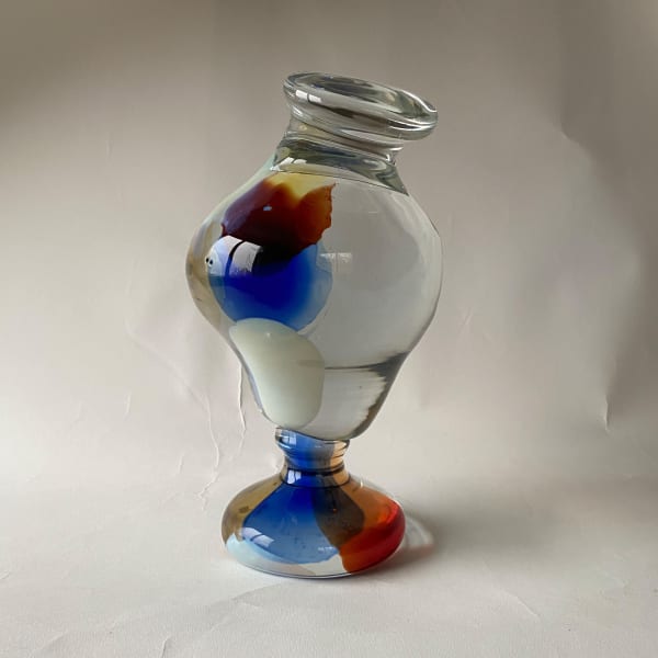 glasobjekt, massivt, klarglas, blått, rött