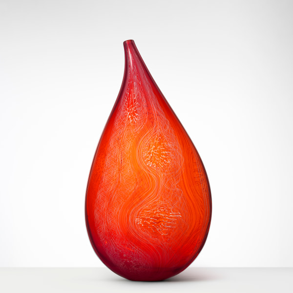 glasobjekt, droppformad, randig, orange, röd