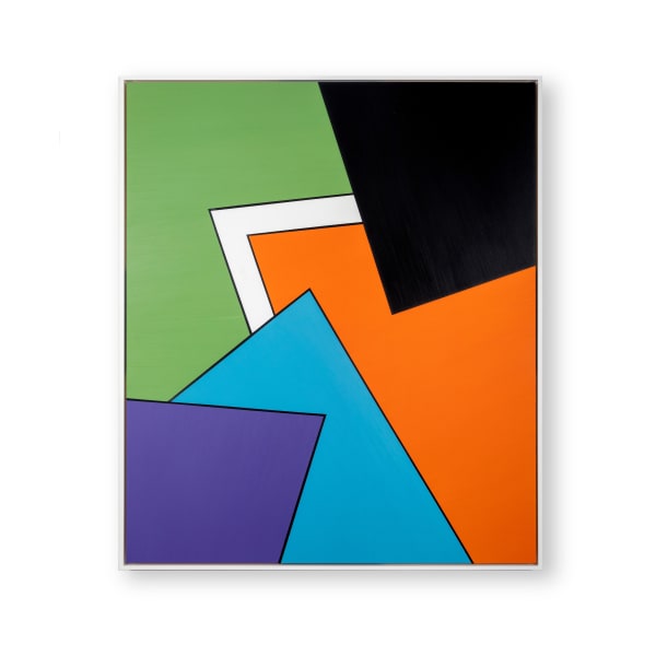 Abstrakt, stor akrylmålning av Sigfrid Billgren med målade färgfält orange, lila, blå, grön, svart, vit.