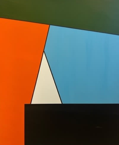 Abstrakt tavla av Sigfrid Billgren, svart, brun, berige, grön, orange, blå, raka liner.