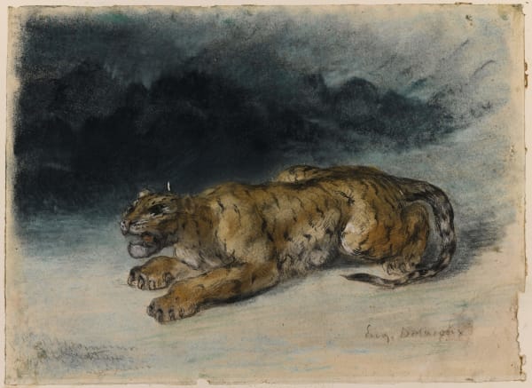 Eugène Delacroix TIGER PREPARING TO SPRING Pastel on paper 9 1/8 by 12 1/4 in. 23 by 31 cm.