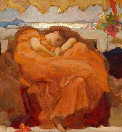 Frederic, Lord Leighton STUDY FOR FLAMING JUNE oil on canvas 4 1/2 by 4 3/8 in. 11.4 by 11 cm.