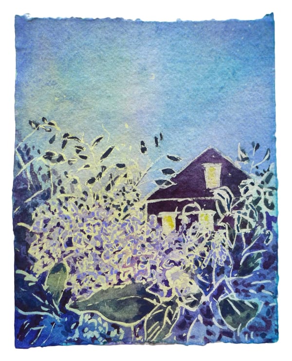 Raquel P Miller Lilac bush under a crescent moon, 2024 Watercolor on Khadi Paper 9-1/8" x 7-3/8"