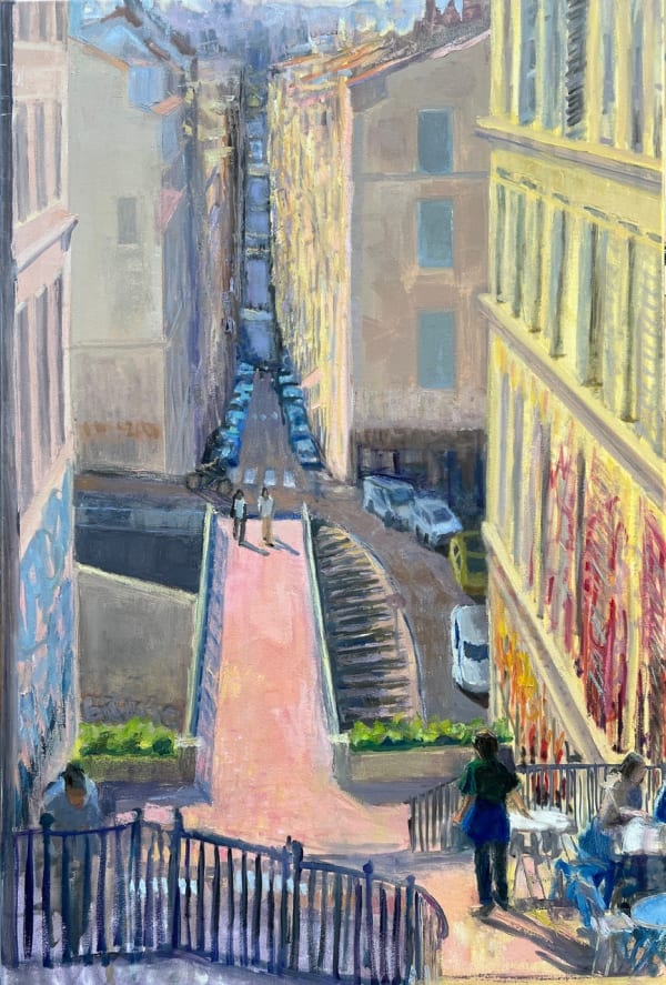 Louise Bourne Stairs, Bridge, Cafe, Stairs, 2025 Oil on Canvas 36x24x1.5"